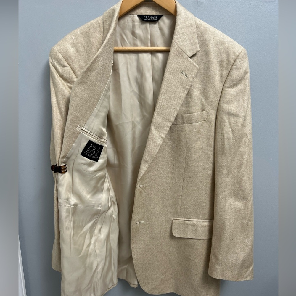 Jos A Bank 100% Silk Blazer Sportcoat Tan Beige Textured Slub Weave Men’s 42R
